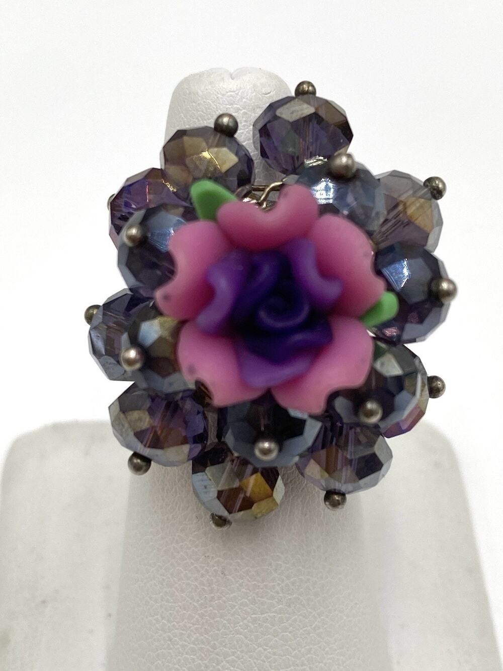 Ring Statement Glass Faceted Beads Center Purple Wired Size 7.5 Adjustable